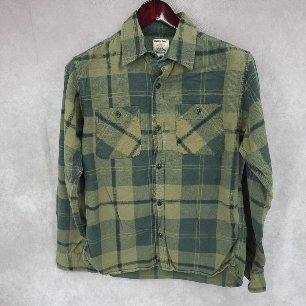 Houston Shirt Mens Large Army Green Flannel Button Up Long Sleeve Military‎